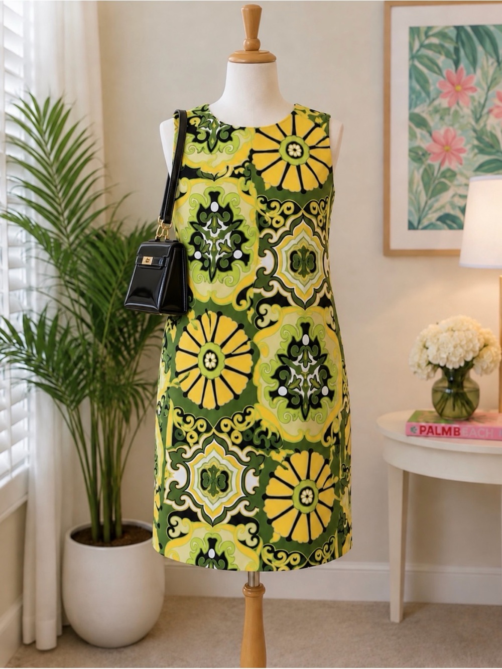 Vibrant Green & Yellow Geometric Mini Shift Dress